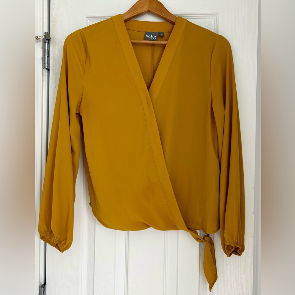 New York & Company Mustard Wrap Blouse